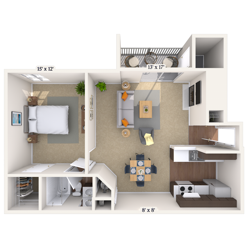 Floor plan for 1 bed, 1 bath, 725 sqft